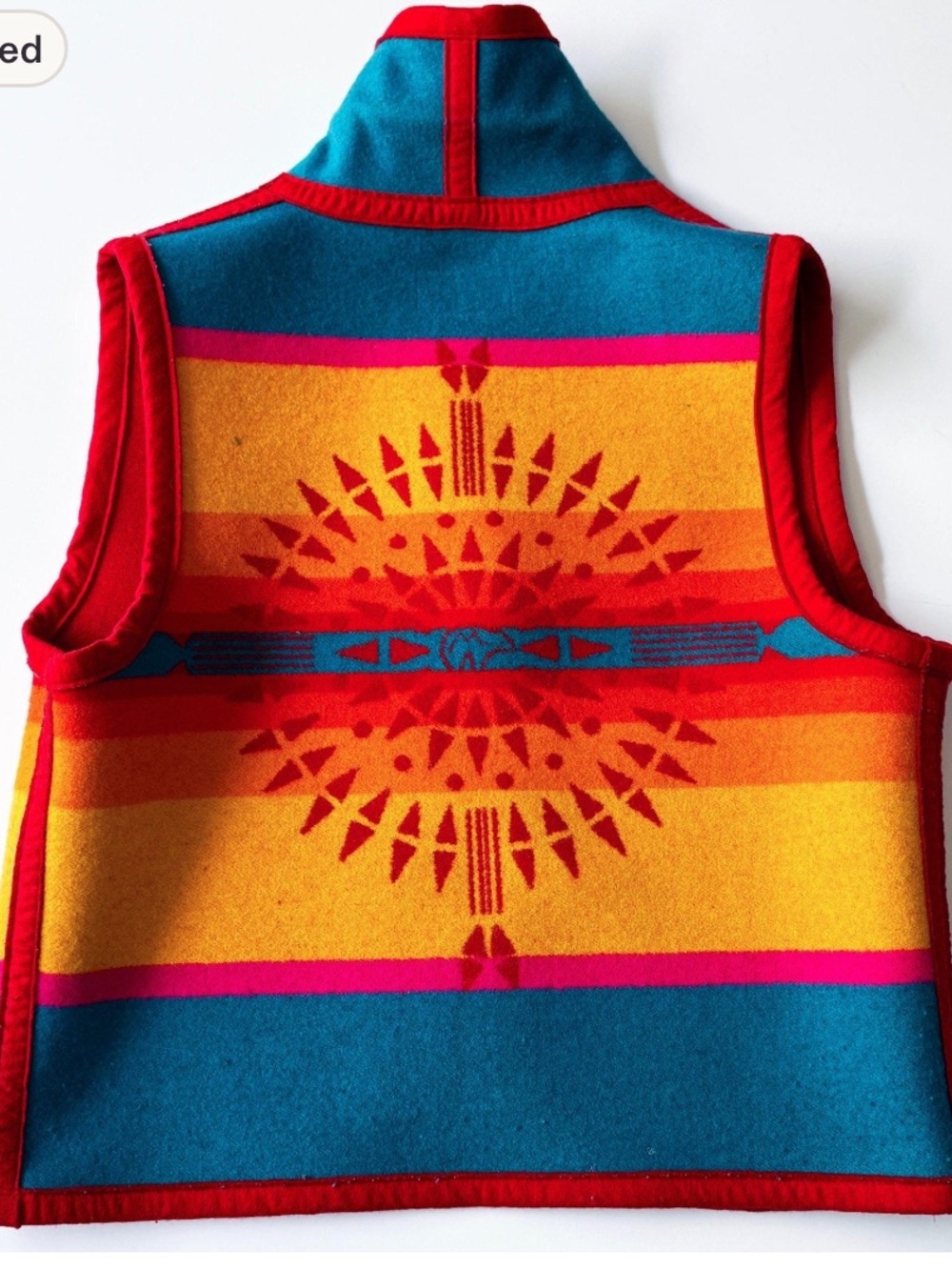 Vintage Pendleton Inspired Bold Sunburst Pattern Vest in Turquoise, Yellow & Red
